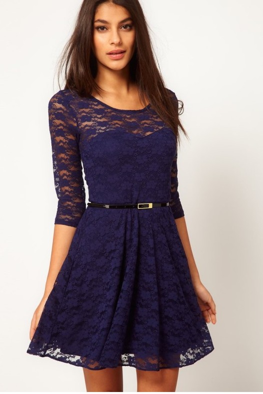 Dark Purple Collarless Half Sleeve Lace Dress